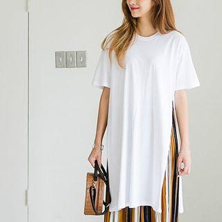 Elbow-sleeve Slit-detail Long T-shirt