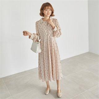 Half-placket Pleated-hem Patterned Dress