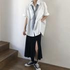 Elbow-sleeve Shirt / Slit A-line Midi Skirt