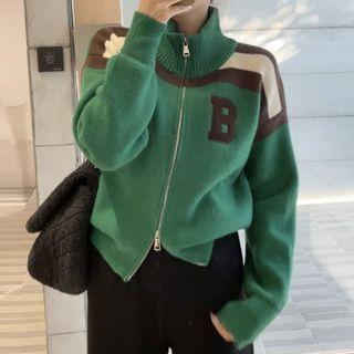 High-neck Long-sleeve Striped Panel Lettering Zip Knit Cardigan