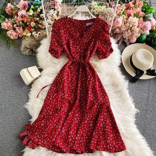 Ruched Sleeve Floral Print Chiffon Dress