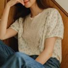 Puff-sleeve Lace-panel Floral Blouse