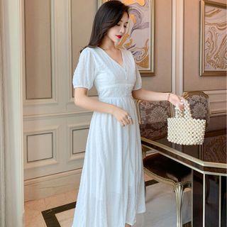 Puff-sleeve Plain Ruffled Dress