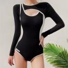 Asymmetrical Long-sleeve Contrast Trim Swimsuit