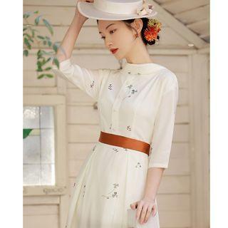 3/4-sleeve Print Chiffon Midi A-line Dress