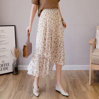 Irregular Floral Print Chiffon A-line Midi Skirt
