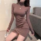 Long-sleeve Ruched Mock-neck Mini Bodycon Dress
