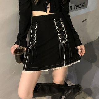 Lace-up Lace Trim Mini A-line Skirt