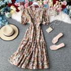 Short-sleeve V-neck Floral Print Ruffled Maxi Dress