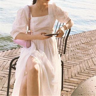 Elbow-sleeve Square-neck Slit Midi A-line Dress