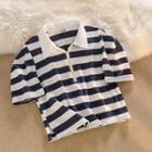 Elbow-sleeve Collar Striped T-shirt Stripe - One Size