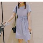 Striped Short Sleeve A-line Dress With Sash