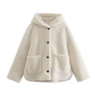 Hooded Fluffy Button-up Jacket