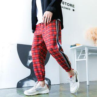 Contrast Trim Plaid Drawstring Harem Pants