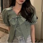 Puff-sleeve Gingham Blouse Gingham - Green - One Size