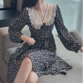Long-sleeve Lace Collar Floral Chiffon Dress
