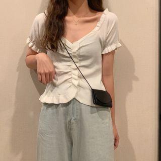 Short Sleeve Ruffled Trim Knit Crop Top