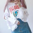 Lace Panel Bell-sleeve Print T-shirt