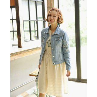 Collared Floral Embroidery Denim Jacket