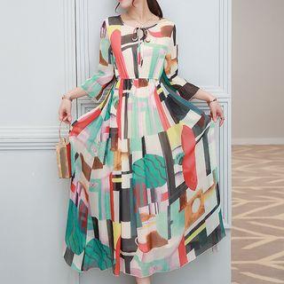 Printed 3/4 Sleeve Midi Chiffon Dress