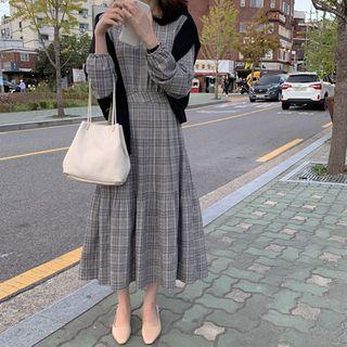 Tie-waist Long Plaid Dress Black - One Size