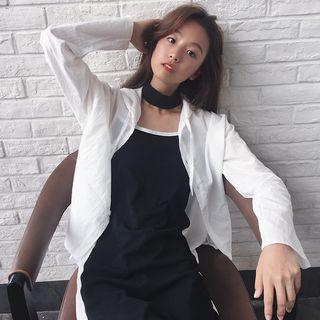 Set: Hooded Buttoned Light Jacket + Spaghetti Strap A-line Midi Dress