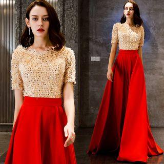 Off Shoulder / Short Sleeve Two Tone Sequined Evening Gown
