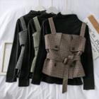 Set: Mock-neck Knit Top + Woolen Checker Vest With Belt