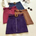 Zip-front Corduroy Mini A-line Skirt
