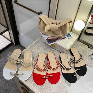 Toe-loop Faux Pearl Block Heel Slide Sandals
