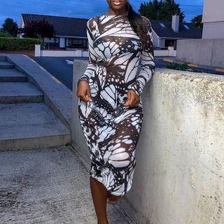 Long Sleeve Printed Mesh Midi Dress