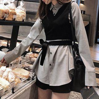 Set: Plain Shirt + Cropped Tie-waist Vest + Wide-leg Shorts