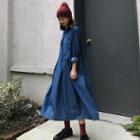 Long-sleeve A-line Midi Denim Dress Blue - One Size