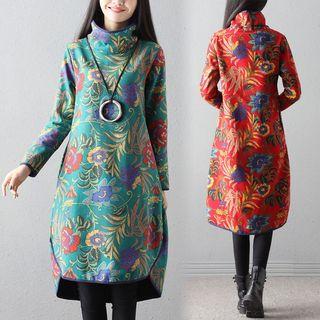 Turtleneck Flower Print Long-sleeve Dress