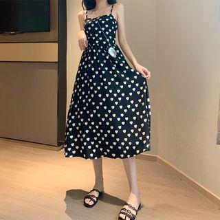 Spaghetti Strap Heart Print A-line Midi Dress