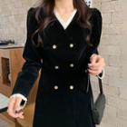 Puff-sleeve Double-breasted A-line Velvet Dress Black - One Size