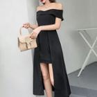 Short-sleeve Off Shoulder Asymmetric A-line Midi Dress