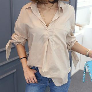 Collared Tie-sleeve Cotton Top