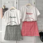 Set : Short-sleeve Print T-shirt + Plaid A-line Skirt