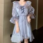 Bow-accent Ruffle Trim Long-sleeve Dress Grayish Blue - One Size