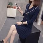 Long-sleeve Contrast Trim Knit Collared Dress