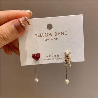 Non-matching Rhinestone Bear And Heart Drop Earring 1 Pair - As Shown In Figure - One Size