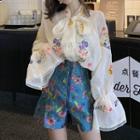 Bow Accent Flower Embroidered Blouse / Flower Print Shorts