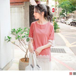 Elbow Sleeve Lace Trim Top