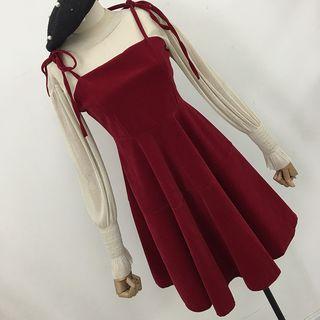 Set: Long-sleeve Top + Shoulder-tie A-line Dress