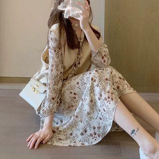 Flower Print Long-sleeve Midi A-line Dress / Open Front Knit Vest / Set