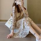 Flower Print Long-sleeve Midi A-line Dress / Open Front Knit Vest / Set