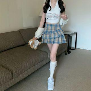 V-neck Printed Cropped Tank Top / High-waist Plaid Ruffle A-line Mini Skirt