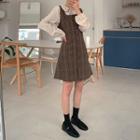 Set: Glen-plaid Mini Pinafore Dress + Round-collar Blouse