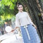 3/4-sleeve Lace Trim Hanfu Top / Plaid Midi A-line Skirt